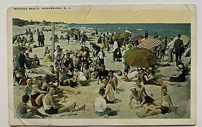 NJ Postcard Manasquan Bathing Beach Crowd Umbrellas Monmouth New Jersey Tichnor • $8.99