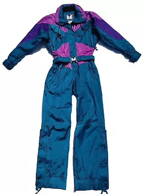$95 • Buy Vintage Couloir Teal Purple Ski Suit One Piece Snow Bib Entrant Womens 8
