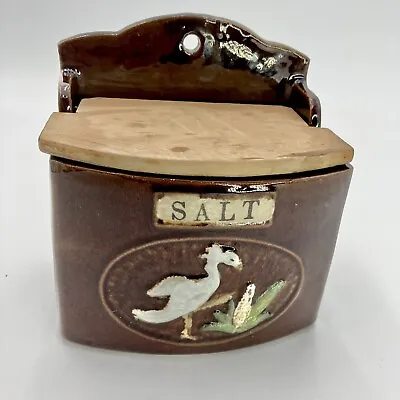 Salt Box Made In Occupied Japan Redware Pottery With Wooden Lid White Crane Bird • $89.95