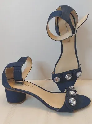 Zara Women Blue Denim Jeweled Ankle Strap Open Toe Shoe Sz 39 US 8 • $20