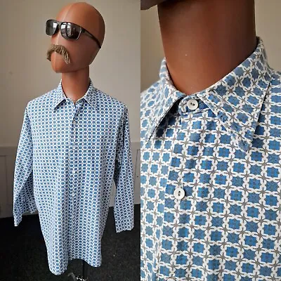 Vintage 1970s Geometric Shirt -XL- Blue Pattern Cotton Psych Disco BJ18 • £20