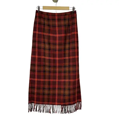 Womens Vintage Wool Plaid Fringe Blanket Pencil Skirt Midi Maxi Red Brown Medium • $40