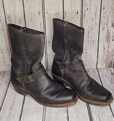 US Size 7 Womens FRYE Cavalry Strap 8L Mid Calf Boots Leather Smoke Grey Black • $79.99