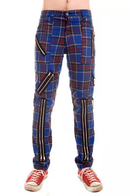 Tiger Of London Mens Blue Woolly Tartan Zip Bondage Pants Punk Rock • £39.99