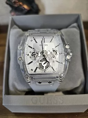 Guess Clear  Transparent Multi-function Silver Tone Silicone Strap 43mm New * • $80