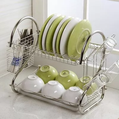 2 Tier Dish Drying Rack Drainer Cup Plate Holder Cutlery Tray Kitchen Organizer • $19.94