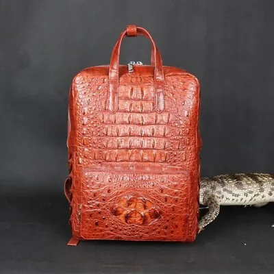 Reddish Brown Crocodile Alligator Leather Unisex Laptop Travel Casual Backpack • $620
