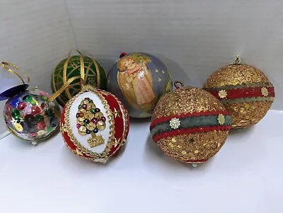 Vintage Lot Of 6 Christmas Ornaments Handmade Push Pin Sequin Beaded Glittered  • $21.99