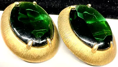 Schiaparelli Signed Earrings Rare Vintage Gilt Green Glass 1-1/4  Clip On A37 • $150