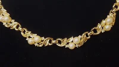 Crown Trifari Faux Pearl Rhinestone Necklace Vintage Gold Tone Collar Choker • $89