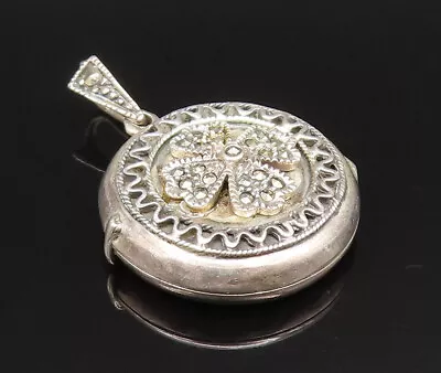 925 Silver - Vintage Floral Marcasite Photo Locket Pendant (OPENS) - PT21165 • $66.18