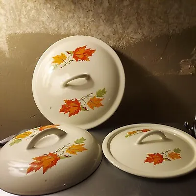 3 Vintage Descoware 8 2-D Autumn Maple Leaf Belgium Cast Iron Enamelware Lids • $65