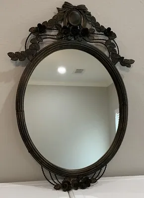 Vtg Ornate Black Brown Metal Roses Leaves Ribbon Oval Hanging Wall Mirror • $150