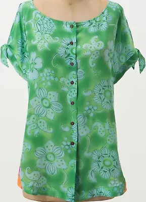 Anthropologie Vanessa Virginia Silk Floral Button Blouse 0 XS Green Boho • $34.95