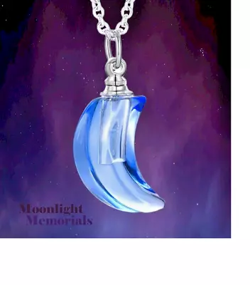 Cremation  Blue Crescent Moon Urn Ashes  Pendant 925 Sterling Silver 22  Chain • $13.89