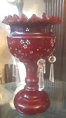 £58 • Buy Antique Mantle Cranberry Gilded Glass Hand-Painted Table Sideboard Lustre Vase