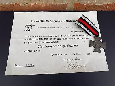 £38 • Buy German WW1 1914-1918 Hindenburg Honour Cross Without Swords + Citation 1935