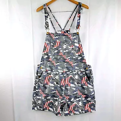 Gray White & Blue Camo W/The Flag Cotton Denim Women's Bib Overall Shorts Sz 2XL • $24.99