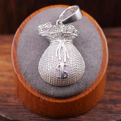 Micro Pavé Cubic Zirconia Money Bag $ Pendant Sterling Silver 1 5/8  Length • $48.43