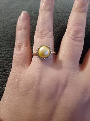 925 Sterling Silver Pearl Stone Ring Engagement Size T Ladies • £14.99