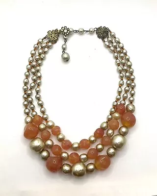 Signed Vintage Miriam Haskell Necklace Orange Glass Beads Faux Pearls • $75