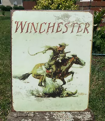 Winchester Gun Sign Weathered Logo Galloping Horse Cowboy Garage Sign Metal Tin • $19.95