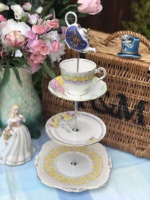 Vintage Mis Matched Art Deco Yellow Tones Mad Hatter Cake Stand & Mini Teapot • £25