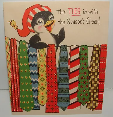 UNUSED - 2 Images - Penguin Lots Of Neckties - 1950's Vintage Christmas Card • $7.50