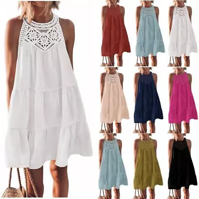 Women Summer Hollow Lace Stitching Halter A-Line Dress Beach Skirt Sexy Fashion • $26.60