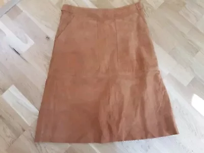 WAREHOUSE Suede Leather Skirt Camel A-Line Button Front Size 12 Pockets (B15/3) • £16
