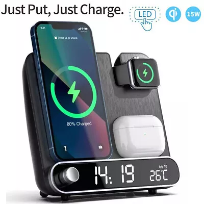 $56.03 • Buy 4-in-1 15W Wireless Charger Alarm Clock For IPhone 13 AirPods IWatch Charging AU