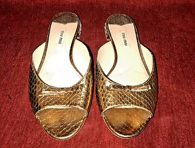 Miu Miu Gold Leather Bow Crystal Embellished Heel Flats Sandals Sz 38 • $120