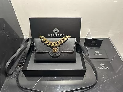 Versace Black Authentic La Medusa Chain Flap Crossbody Bag Medusa Gold Wallet Ne • $750