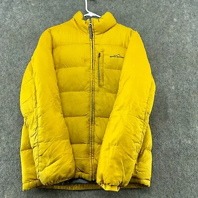 Eddie Bauer Jacket Mens Small Yellow Puffer Parka Goose Down Insulated Logo • $19.96