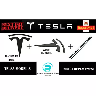 £39.99 • Buy Tesla Model 3 Badges Direct Metal Replacement Matte Black Inc Dual Motor Badge