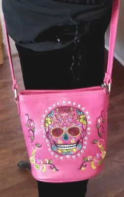 PurseHOT Pink P&G Crossbody Bag Day Of Dead Colorful StonesGood Condition • $17