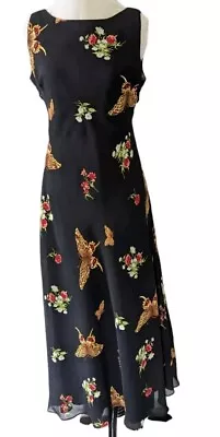 Vintage Chiffon Butterfly Dress 12P Black Sleeveless Floral Tie Back Detail M • $39.99