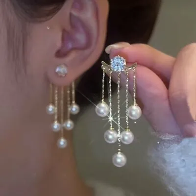 $3.53 • Buy Women Pearl Tassel Zircon Crystal Earrings Stud Drop Dangle Wedding Fashion Gift