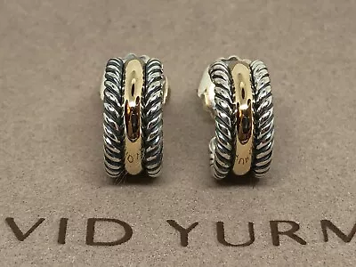 David Yurman Sterling Silver & 14K Gold Cable Thoroughbred Hoop Earrings • $295.99