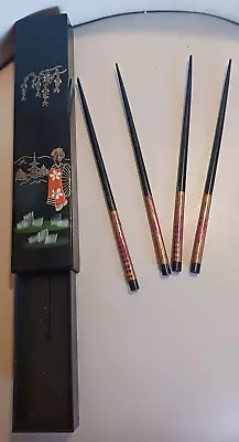 Nice! Vintage Made In Japan 4 Chopsticks Set In 10 1/4  Long Black Box W/geisha • $26.95