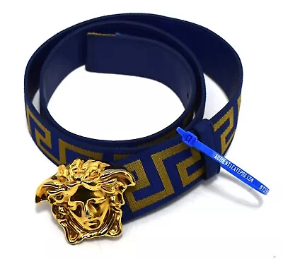 Mens VERSACE La Greca Medusa Leather Belt Blue/Gold 95 US 38 • $232.36