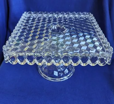 Vintage Fostoria American Crystal Square Pedestal Cake Plate/Stand W Rum Well • $99.99