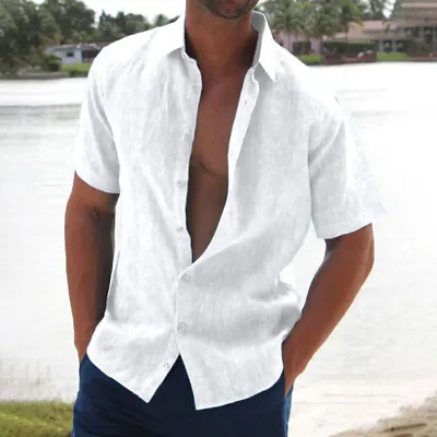 Mens Casual Button Down Shirts Short Sleeve Beach Linen Cotton Summer Shirt❀ • $13.99