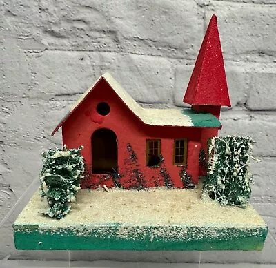 Vtg Christmas Village Putz Cardboard House Church Japan Glitter Red • $18
