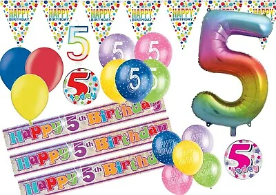 RAINBOW Happy 5th Birthday AGE 5 Party Balloons Banners Decorations Helium  • £2.49