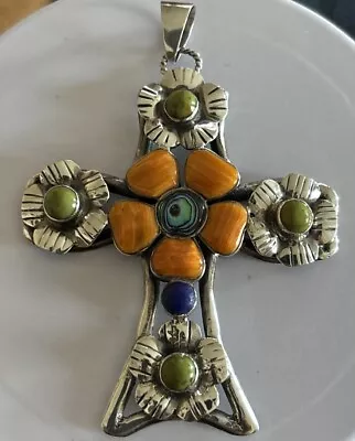 Vintage 3.5” Navajo Sterling Silver Cross Multistones Spiny Oyster Shell Pendant • $350