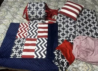 Flink Baby Crib Bedding Set Nautical Red White Blue Quilt Sheet Curtains Pillow • $69.86