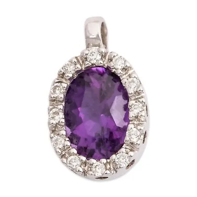 Vintage 14k White Gold Amethyst Diamond Halo Pendant • $199.50