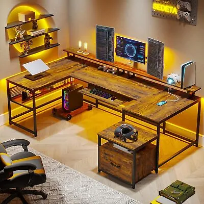 U Shaped Gaming Desk Two People Home Office Desk With File Drawer Computer Desk • $239.89