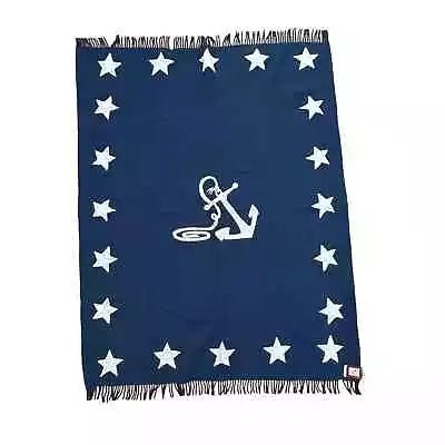 Chandler 4 Corners Nautical Anchor Star Border Throw Blanket Blue Wool Fringe • £77.10